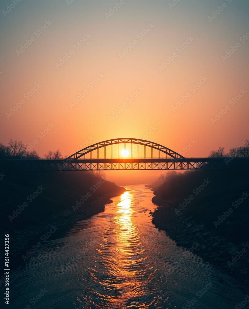 Naklejka premium Epic cinematic scene of a bridge crossing a river at sunset, grand scale, natural earth tones, soft focus, hazy background, and a heroic composition with lens glow.