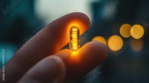 A glowing pill held by a finger against a blurred city backdrop