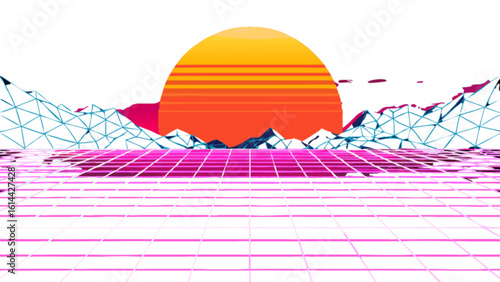 Retro synthwave landscape with sun mountains and grid background for eighties themed design and wallpaper art