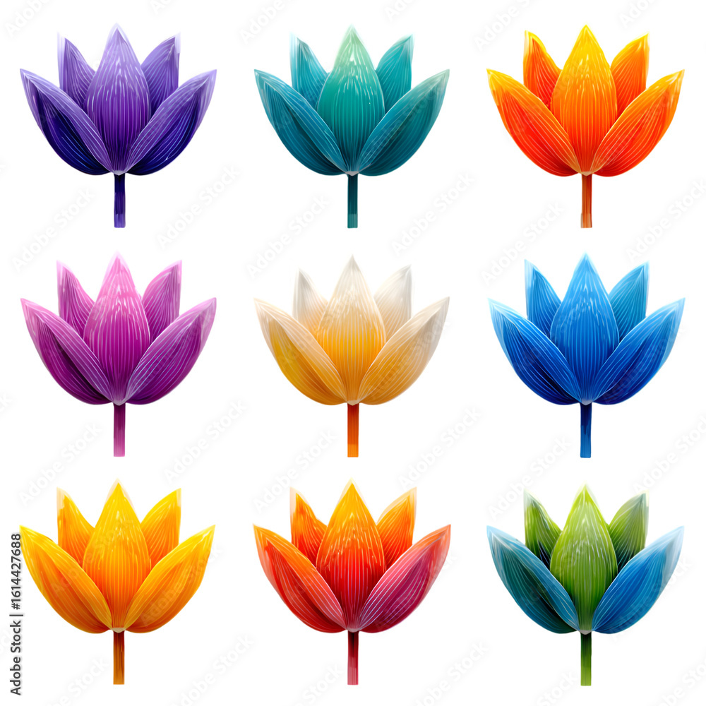 Fototapeta premium Colorful Gradient Tulip Flowers Collection, Modern Decorative Floral Design with Water Droplets and Vibrant Petals for Digital Art and Home Decor.
