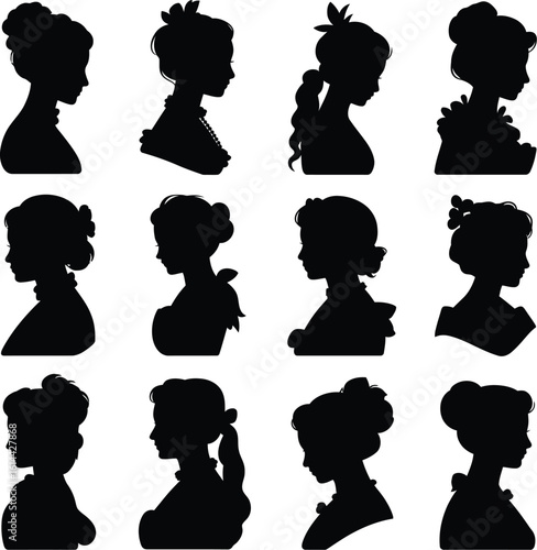 Elegant ladies profiles intricate hairstyles silhouette