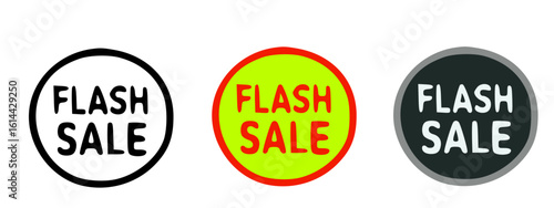 Three circular sale badges displaying the words "FLASH SALE" in various colors.