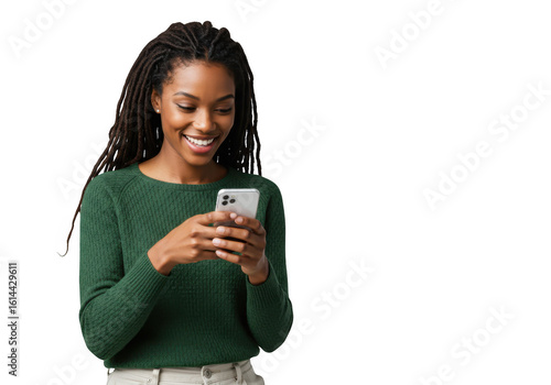 Young woman smiling while texting on her smartphone isolated on transparent background