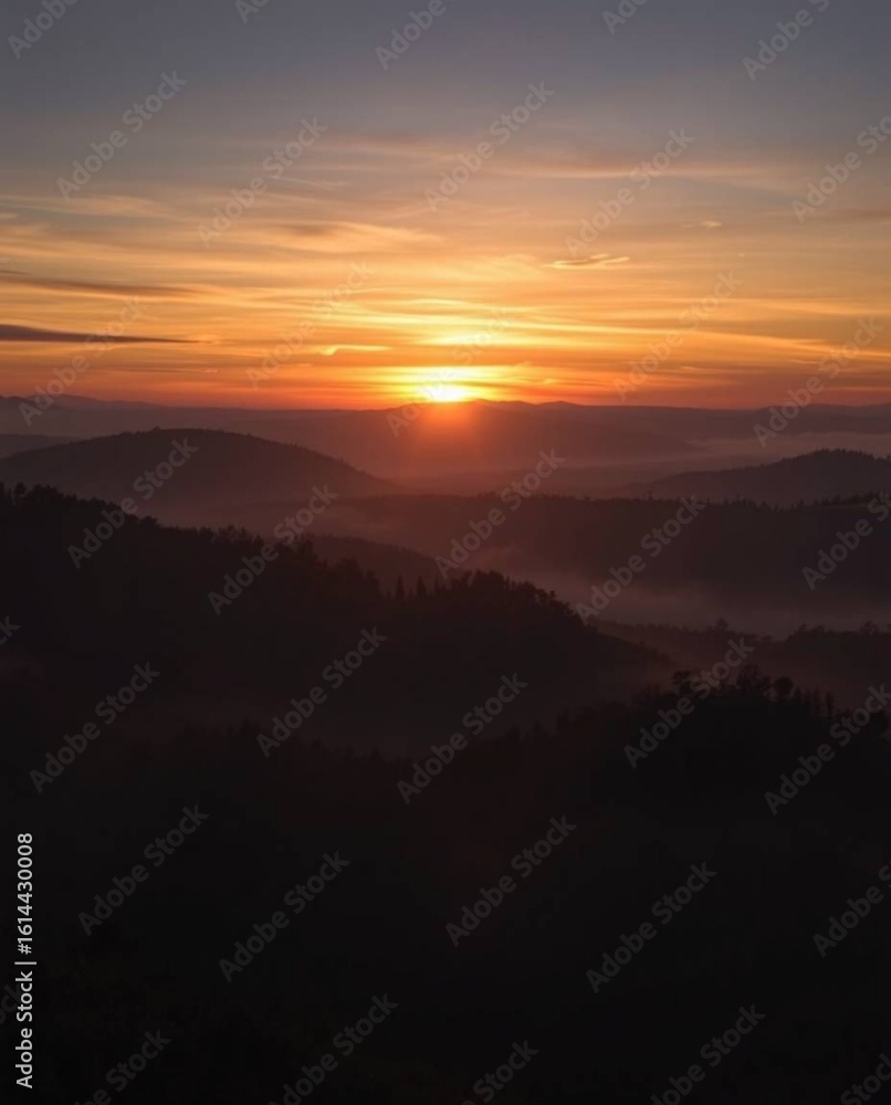 Fototapeta premium Intense dramatic lighting depicting sunset over misty Tuscan hills, high contrast, creating tension.