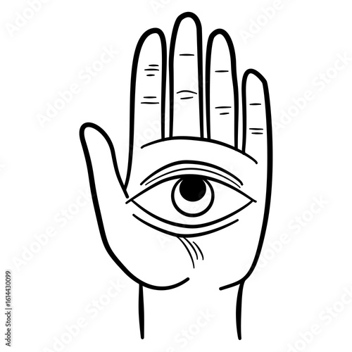 A black and white illustration of a hand with an all-seeing eye in the palm, a symbol of protection and guidance. The detailed linework emphasizes the open hand and the intricate design of the eye.