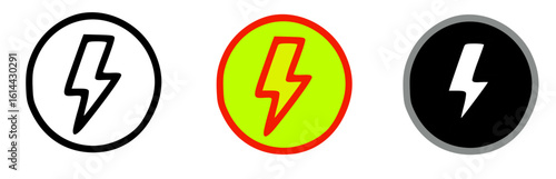 Three circular icons featuring a lightning bolt symbol in varying colors and styles.