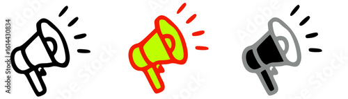 Three stylized megaphone icons in black, yellow, and grey, emitting sound waves.