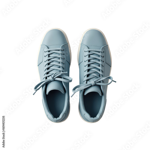 Pair of light blue leather sneakers viewed from above.