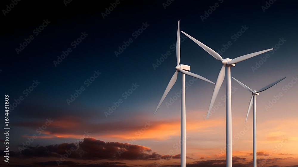 Obraz premium Three large white wind turbines stand tall against a dramatic gradient sky with warm orange and dark blue hues at dusk