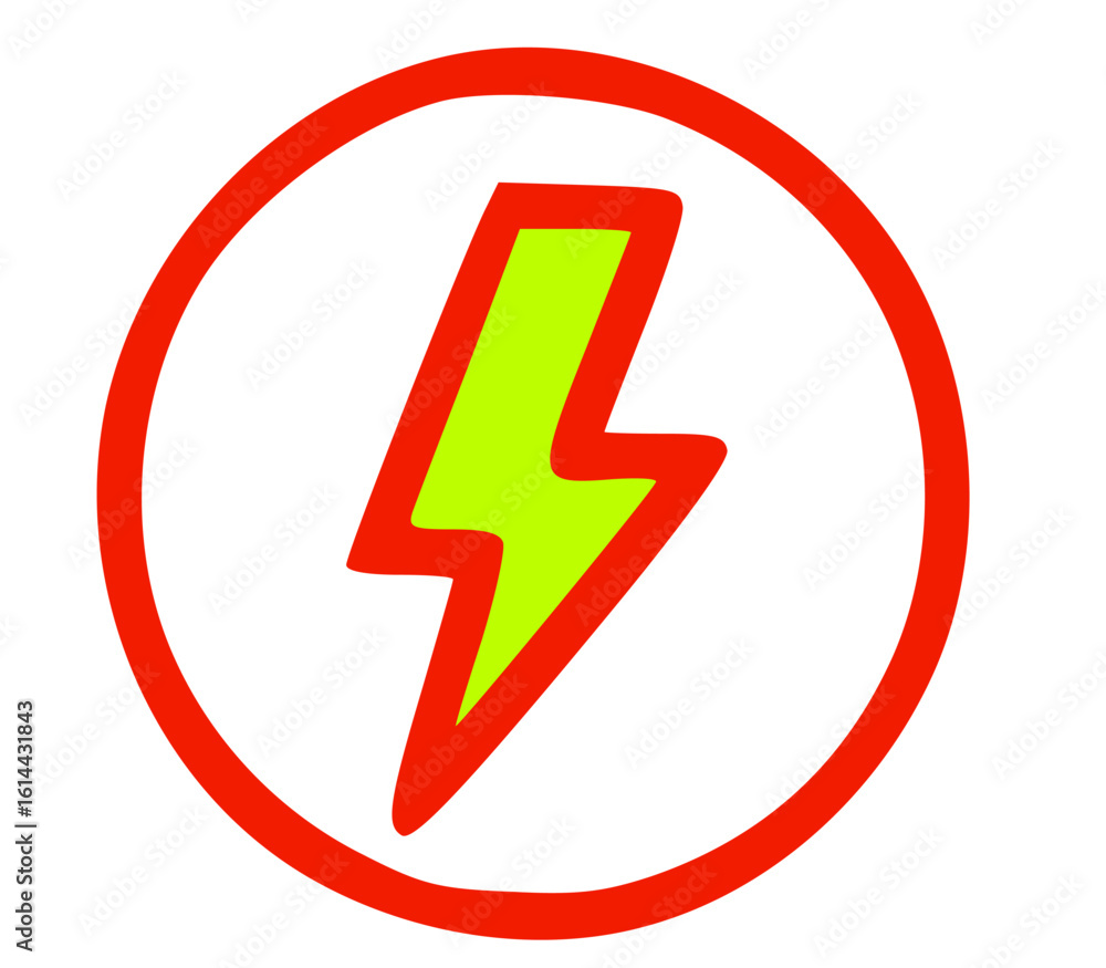A bright green lightning bolt symbol outlined in red, centered within a red circle. A bright green lightning bolt symbol outlined in red, centered within a red circle.