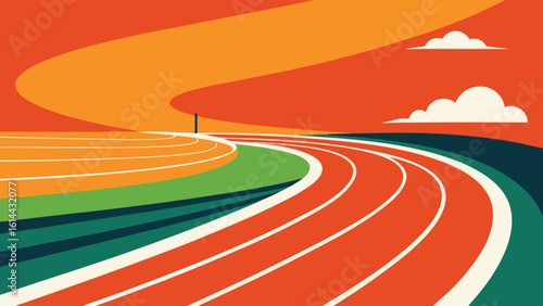 Vibrant running track curves towards a bright horizon