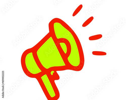 Illustration of a green megaphone with red outline, conveying a message or announcement.