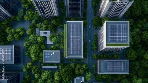 Overhead view of modern city buildings with rooftop solar panels surrounded by abundant green trees and roads