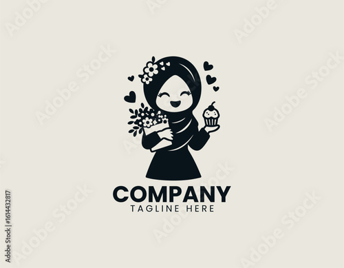 Joyful Muslim girl in hijab excitedly offering a slice of cake and a cupcake. Sweet celebration concept