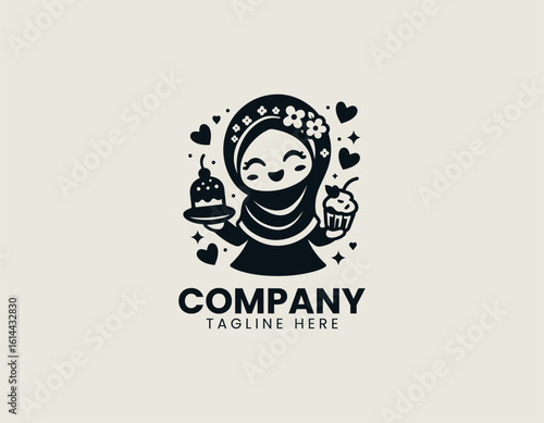Joyful Muslim girl in hijab excitedly offering a slice of cake and a cupcake. Sweet celebration concept