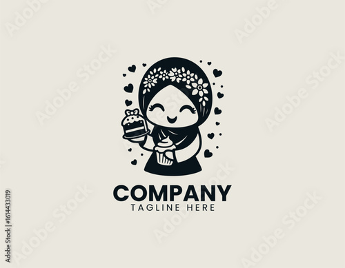 Joyful Muslim girl in hijab excitedly offering a slice of cake and a cupcake. Sweet celebration concept