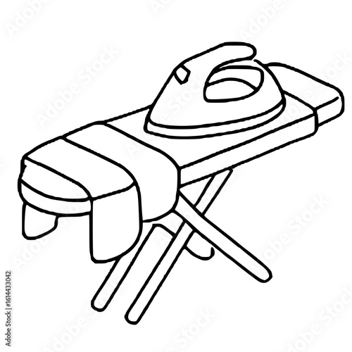 Doodle style outline illustration of iron and ironing board for home laundry chores