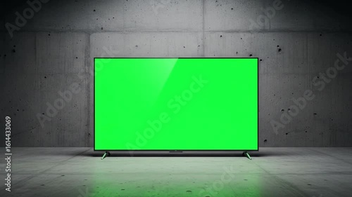 Modern minimalist setup showcases a vibrant green screen television against a textured concrete backdrop
