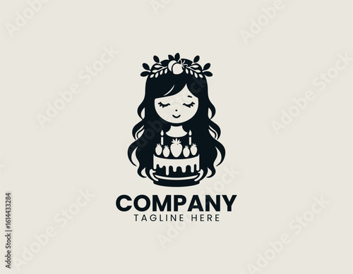 Charming cartoon girl with long wavy hair peacefully holding a delightful frosted cake with berries. Celebration concept