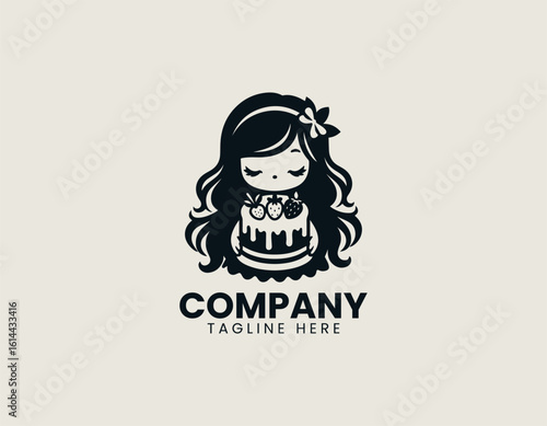 Charming cartoon girl with long wavy hair peacefully holding a delightful frosted cake with berries. Celebration concept