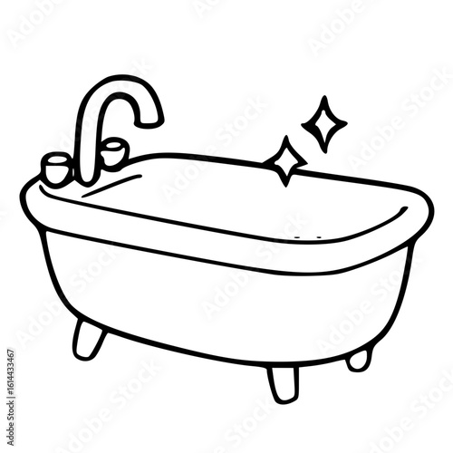 Clean handdrawn black and white doodle illustration of a bathtub with sparkle details