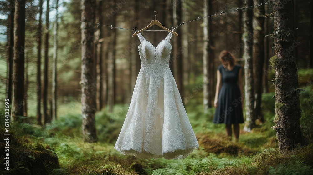 A wedding dress hangs in a forest, a woman in the background A wedding dress hangs in a forest, a woman in the background