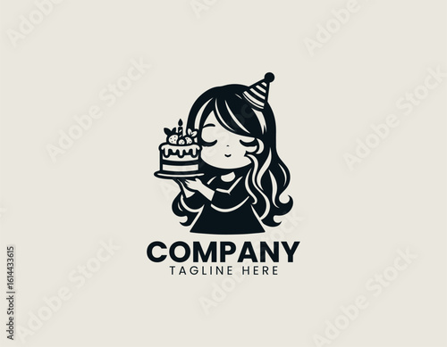 Charming cartoon girl with long wavy hair peacefully holding a delightful frosted cake with berries. Celebration concept