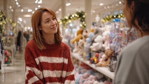 Wallpaper Mural Festive Shopper's Gaze: A warm-toned capture of two women, surrounded by seasonal decorations and merchandise, a moment of shopping, showcasing the holiday spirit and camaraderie. Torontodigital.ca
