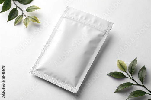 Plain white aluminum pouch bag. For mock-up use. White background. Organic image.