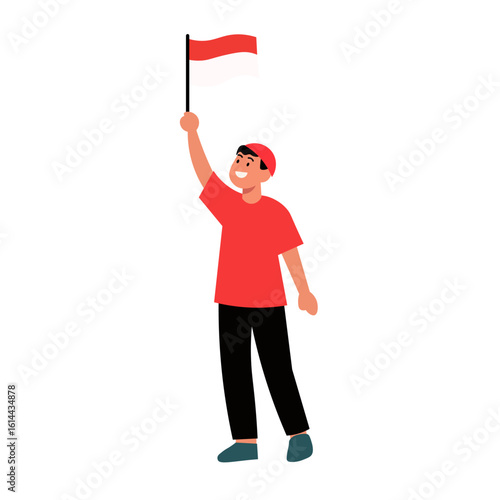 Smiling child proudly displays Indonesian flag.