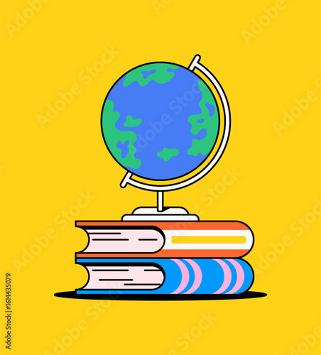 Vector illustration of a world globe placed on top of two stacked books with a bright yellow background. The design uses a flat and playful style, ideal for school materials, geography education