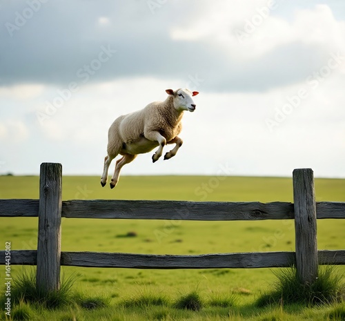 Jumping Sheep Over a Wooden Fence in Green Pasture