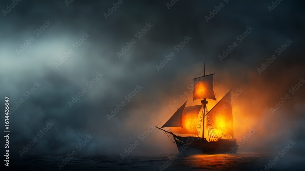 Fototapeta premium Mysterious Sailing Ship in Fog with Glowing Lanterns and Dramatic Lighting Effects at Dusk