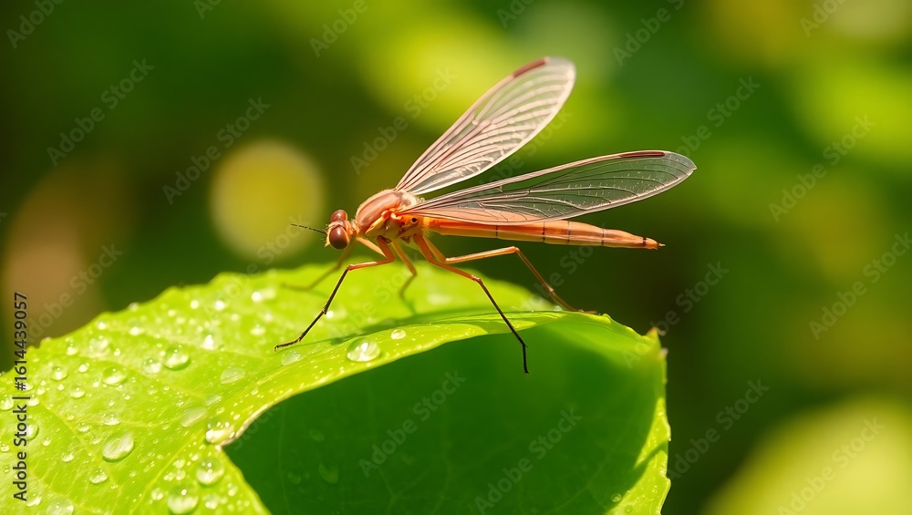 Fototapeta premium Graceful Crane Fly Resting on a Vibrant Green Leaf