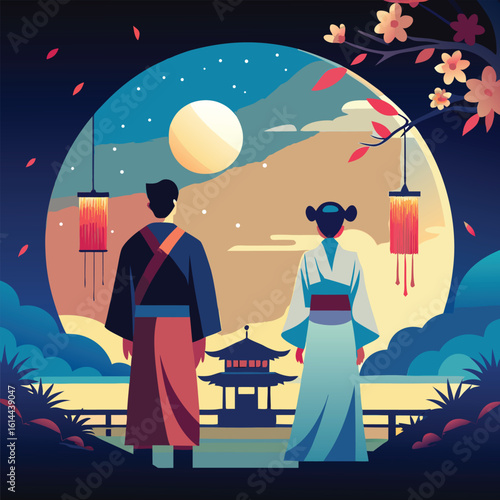 Romantic tanabata festival scene with a couple under a full moon