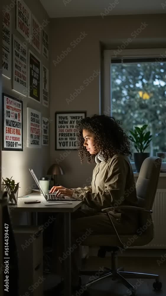 Woman working on laptop in cozy, well-lit room Woman working on laptop in cozy, well-lit room