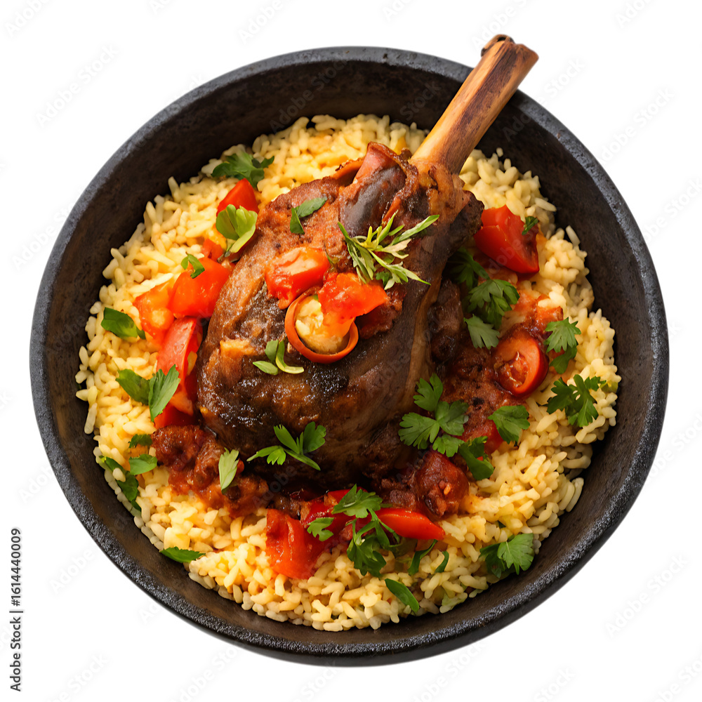 Fototapeta premium Braised Lamb Shank With Rice And Tomatoes isolated on a transparent background parsley
