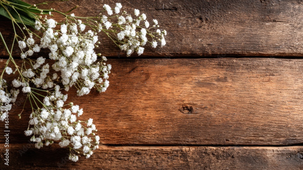 Fototapeta premium White flowers on a rustic wooden surface.