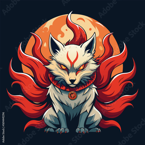 Hand drawn scary angry kitsune with nine tails and cow elements