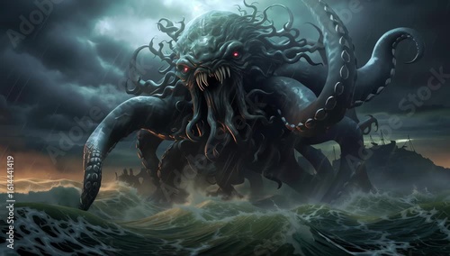 Giant sea monster with tentacles and glowing red eyes emerges from stormy ocean waves near shipwreck dark cloudy sky with powerful storm and crashing