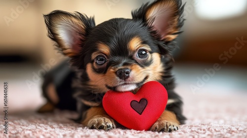 Adorable puppy holding a red heart