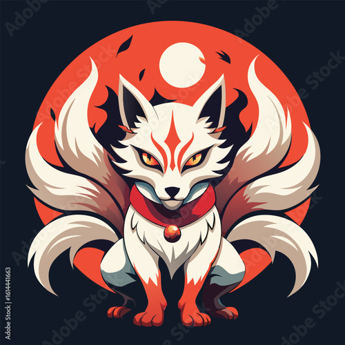 Hand drawn scary angry kitsune with nine tails and a cow