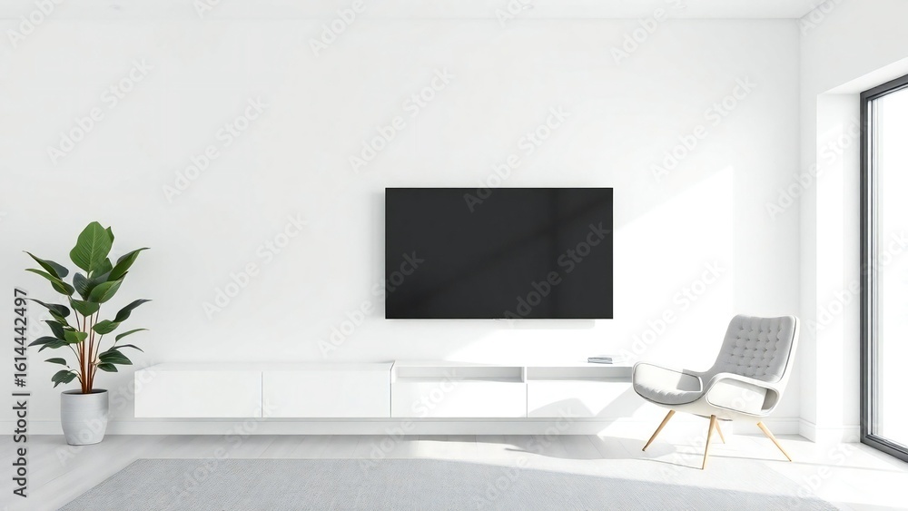 Obraz premium Modern minimalist living room with a television and stylish armchair