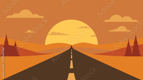 Open road leading towards a warm sunset over rolling hills