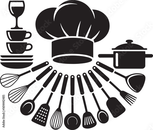 Culinary tools and chef hat arranged in a circle for cooking