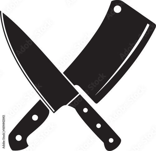 Crossed butcher knife and chef knife silhouette for culinary themes