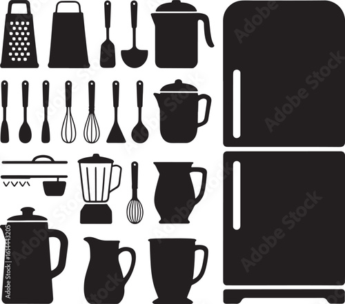 Collection of kitchen utensils and appliances silhouettes for culinary enthusiasts