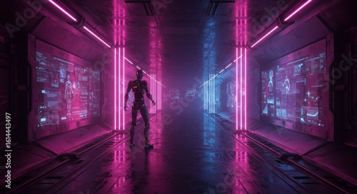 Futuristic corridor with glowing displays and robot figure.  A person stands in a vibrant corridor