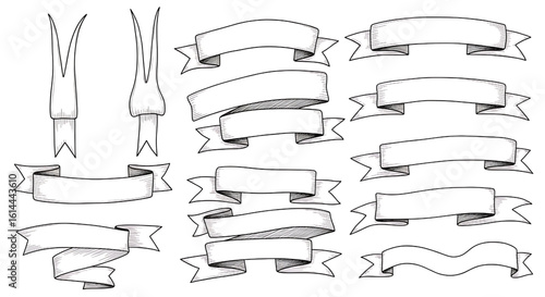 A collection of various simple, hand-drawn line art ribbon banners and scrolls.