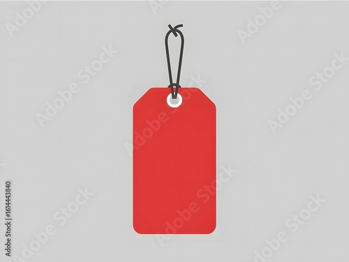 Red blank price tag hanging against a light gray background image